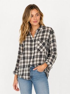 Current/Elliott Plaid Gauze Button Front Shirt Womens Size 1 Gray White